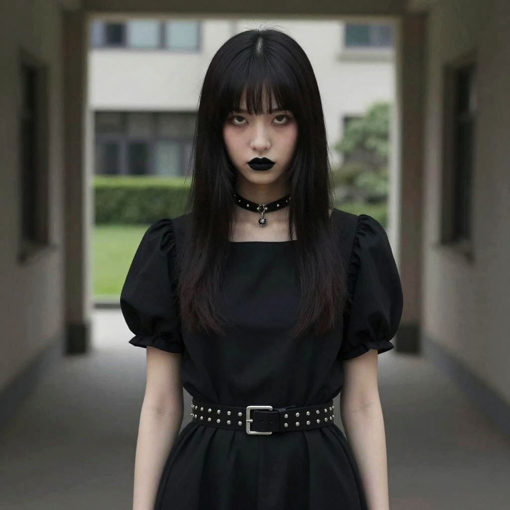 Young Woman in Modern Gothic Black Dress with Studded Belt and Choker