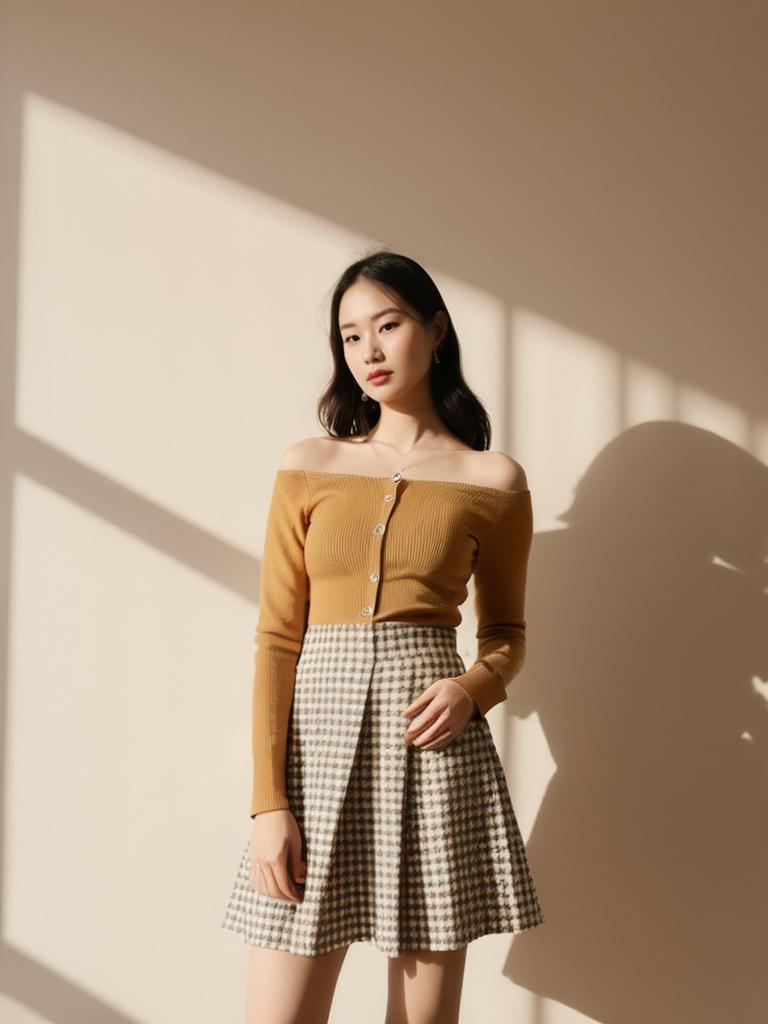 Woman in Casual Chic Ribbed Mustard Yellow Off-the-Shoulder Top with Houndstooth Skirt
