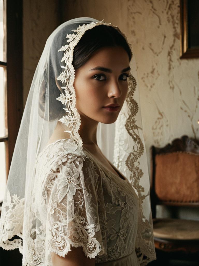 Elegant Woman in Vintage Lace Bridal Veil and Dress Portrait