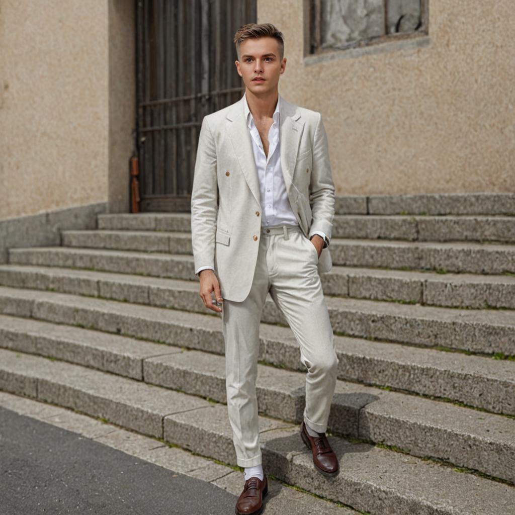 Stylish man in beige suit on concrete steps