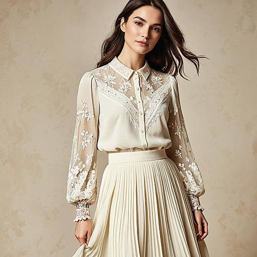 Elegant Woman in Cream Embroidered Blouse and Pleated Skirt Fashion Portrait