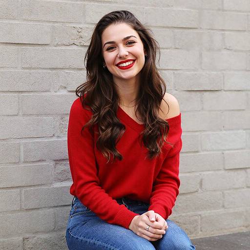 Smiling Woman in Red Off-Shoulder Sweater Sitting by Brick Wall