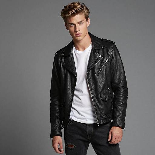 Young Man in Black Leather Biker Jacket with White T-Shirt and Distressed Jeans