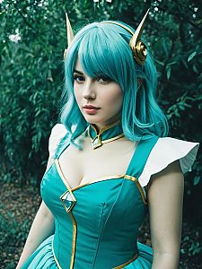 Woman in Aquamarine Fantasy Cosplay Costume with Turquoise Wig
