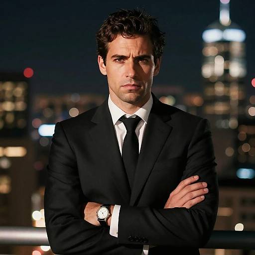 Confident Man in Black Suit at Night Cityscape