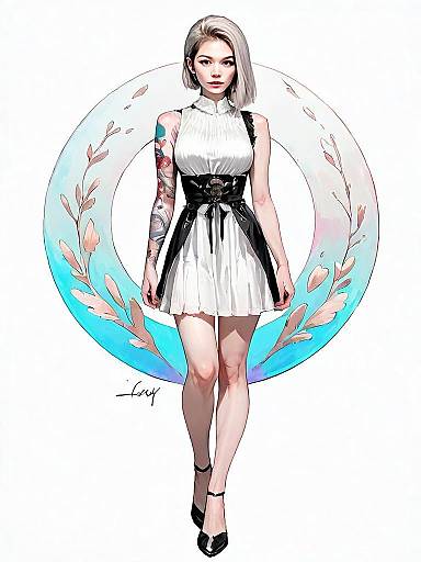 Realistic Comic Style Full Body Portrait of Woman in White Dress with Tattoo