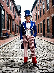 Man in Patriotic Costume on Cobblestone Street