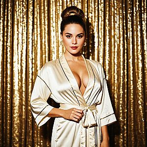 Elegant Woman in Silk Robe Against Gold Sequin Backdrop