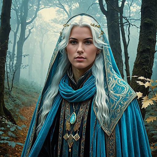 Fantasy Woman in Ornate Blue Robe with White Hair in Mystical Forest