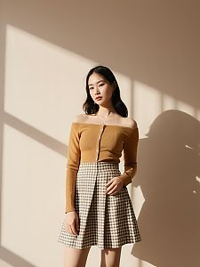 Woman in Casual Chic Ribbed Mustard Yellow Off-the-Shoulder Top with Houndstooth Skirt