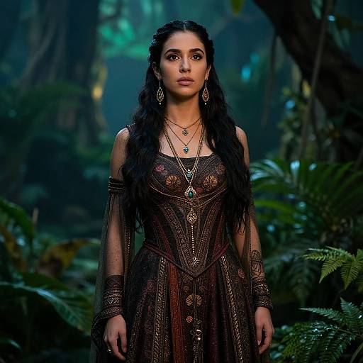 Fantasy Woman in Medieval Dress Standing in Enchanted Forest