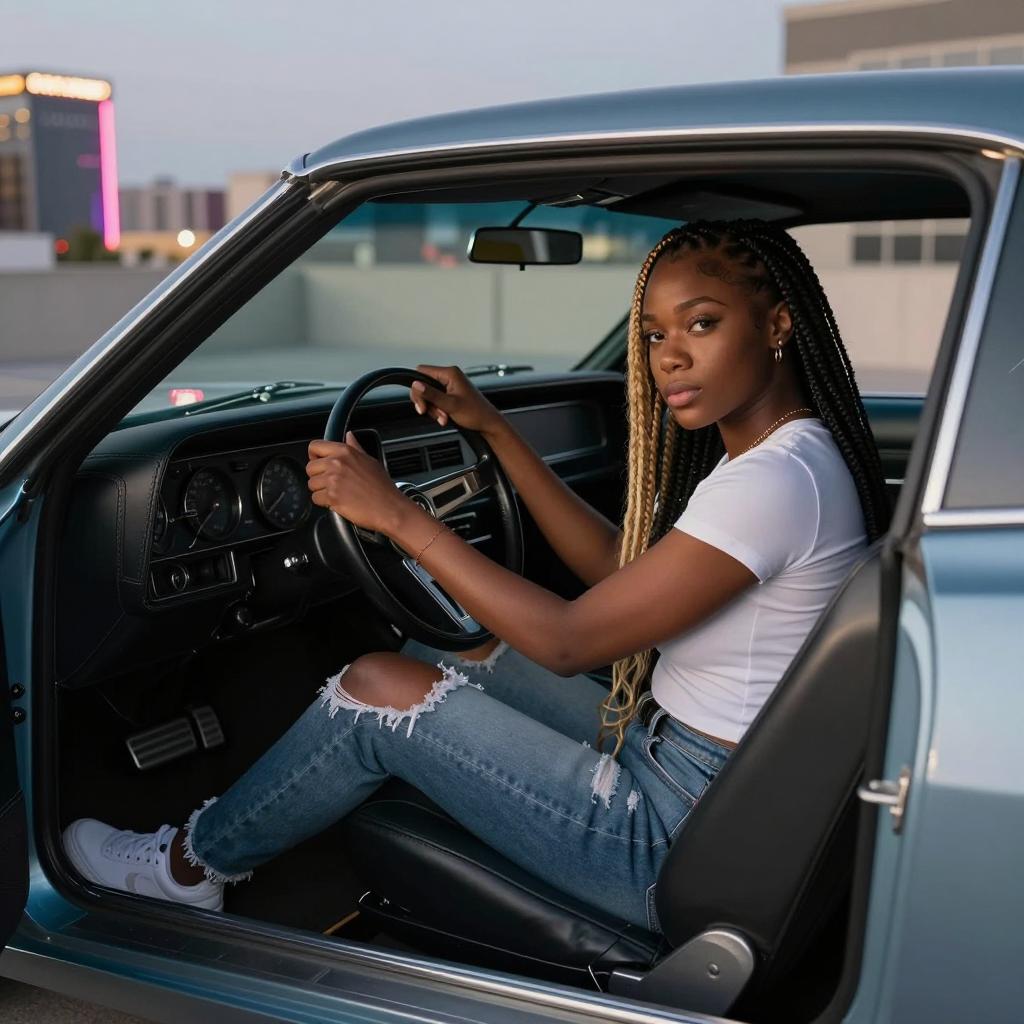 Young Woman in Ripped Jeans Driving Classic Car with Braided Hair