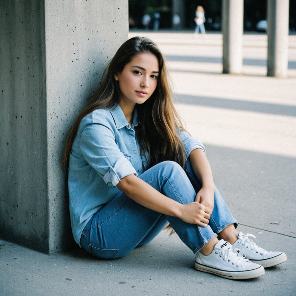 Young Woman in Denim Against Urban Wall Young Woman in Denim Against Urban Wall