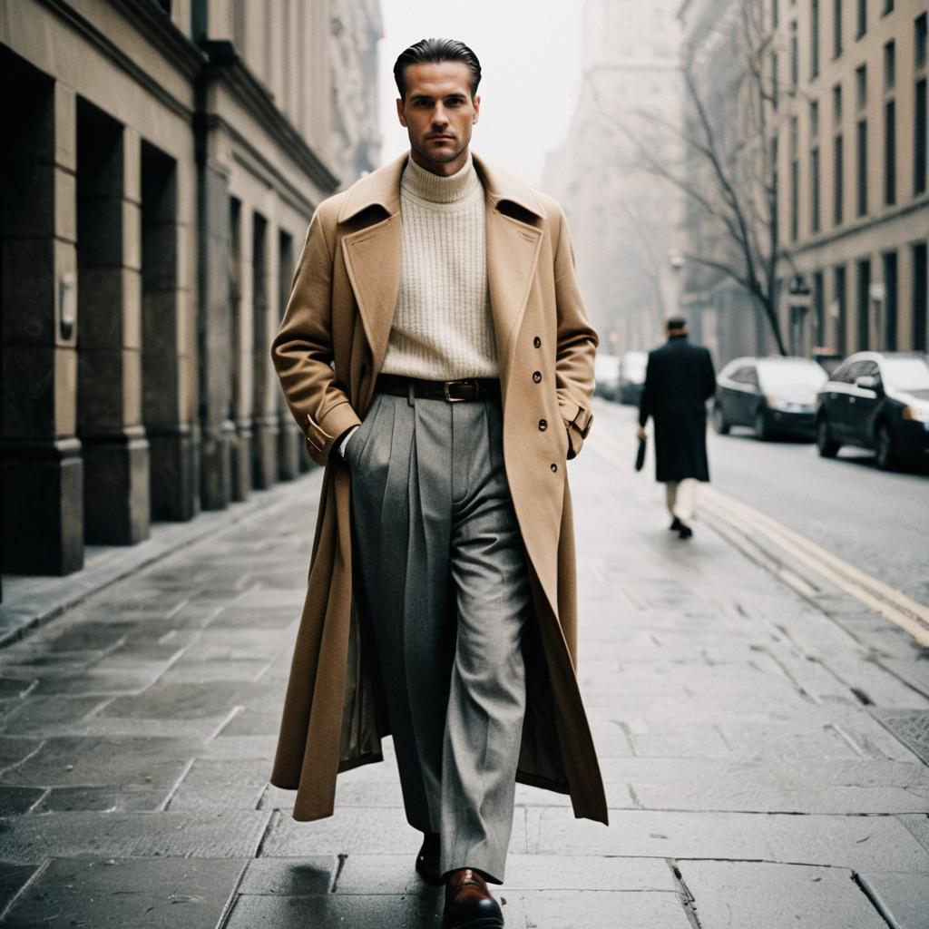 Stylish Man in Camel Overcoat and Gray Trousers Walking in City
