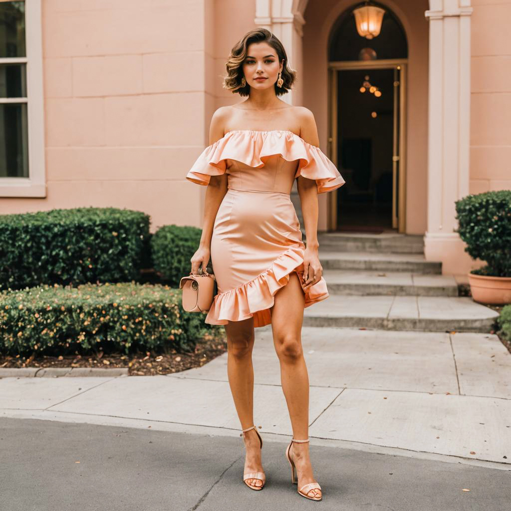 Woman in Peach Ruffle Off-Shoulder Dress with High Heels Outdoors
