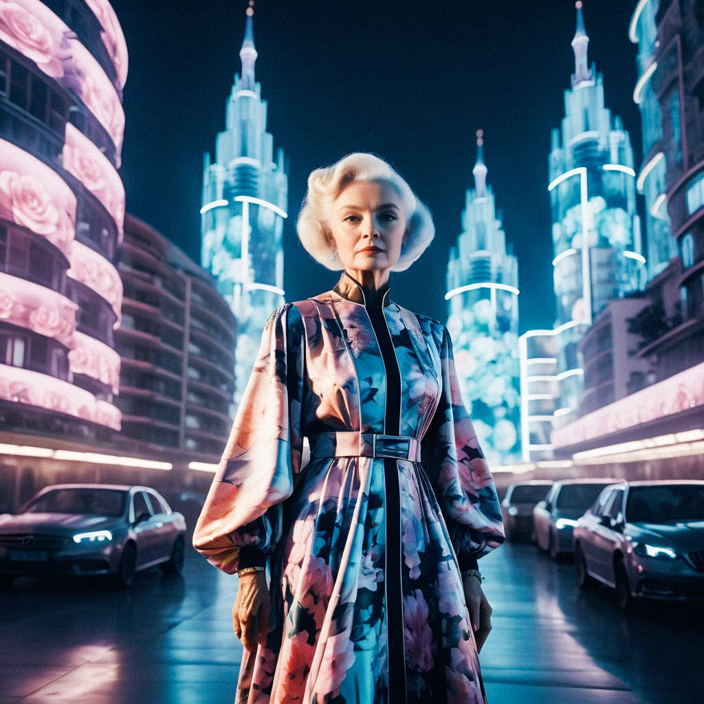 Woman in Floral Dress Against Futuristic Cityscape