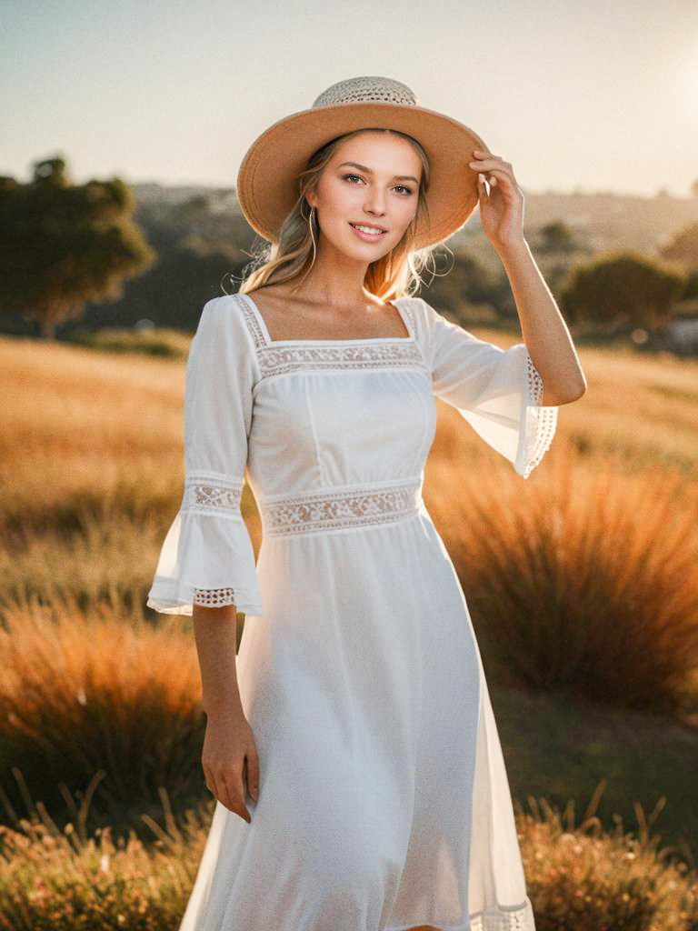 Woman in White Dress at Golden Hour