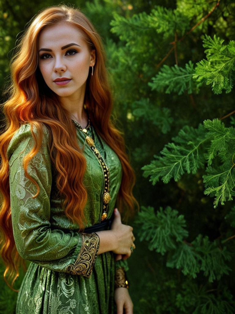 Elegant Woman with Red Hair in Green Gown