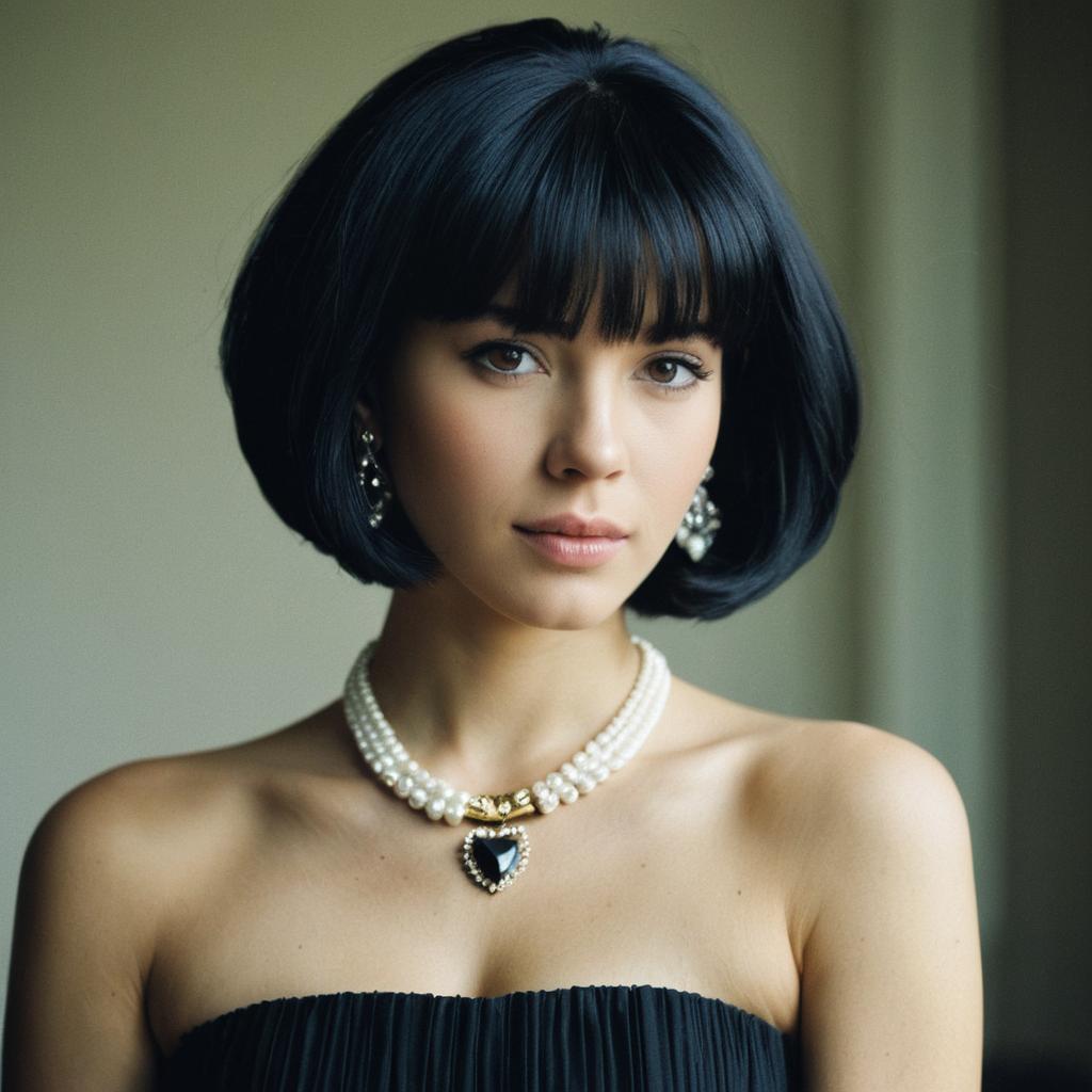 Elegant Woman with Black Bob Hairstyle and Pearl Jewelry Elegant Woman with Black Bob Hairstyle and Pearl Jewelry