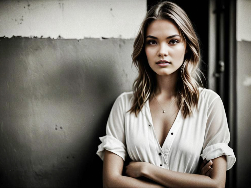 Confident Woman in White Blouse Against Textured Wall