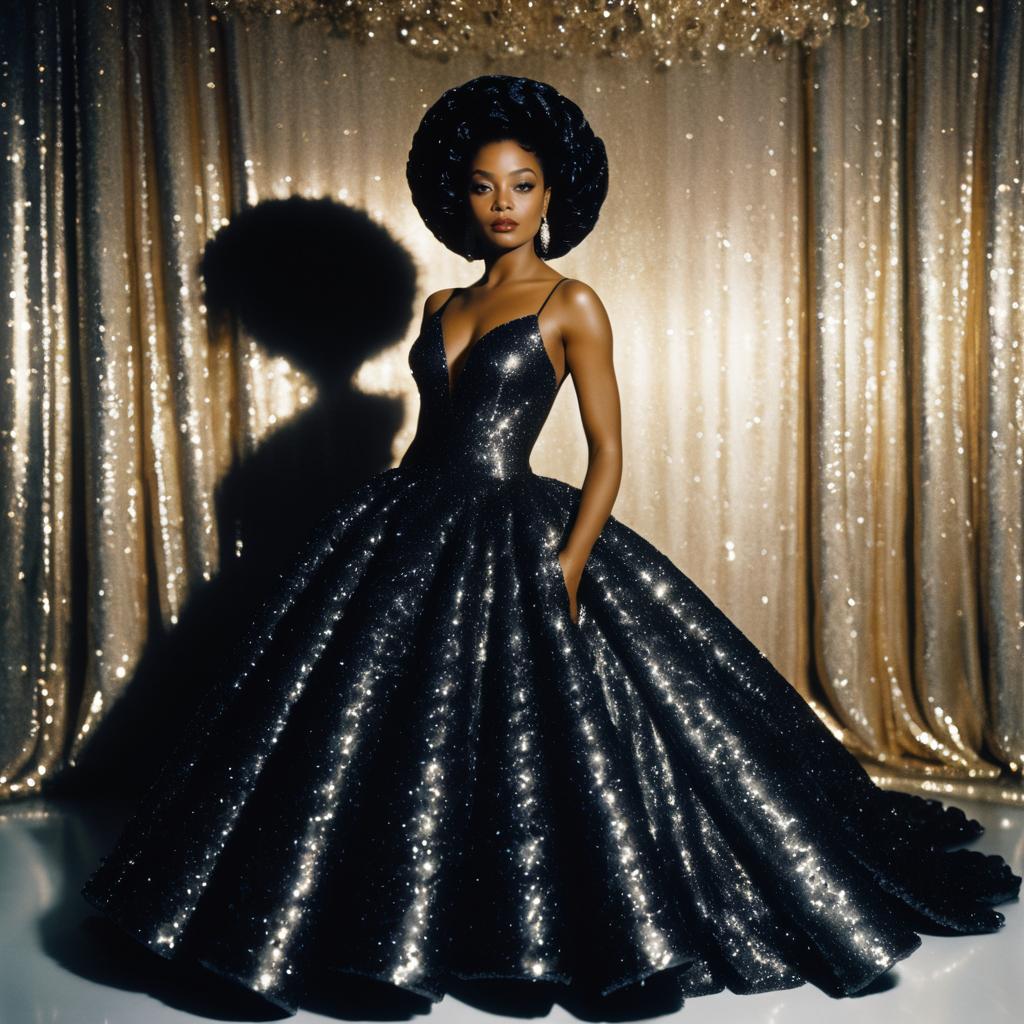 Elegant Woman in Black Sparkling Gown