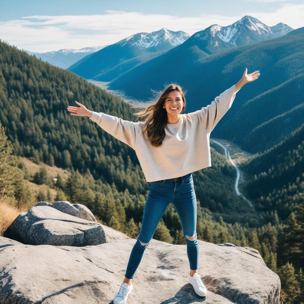 Happy Woman Enjoying Scenic Mountain View Outdoors