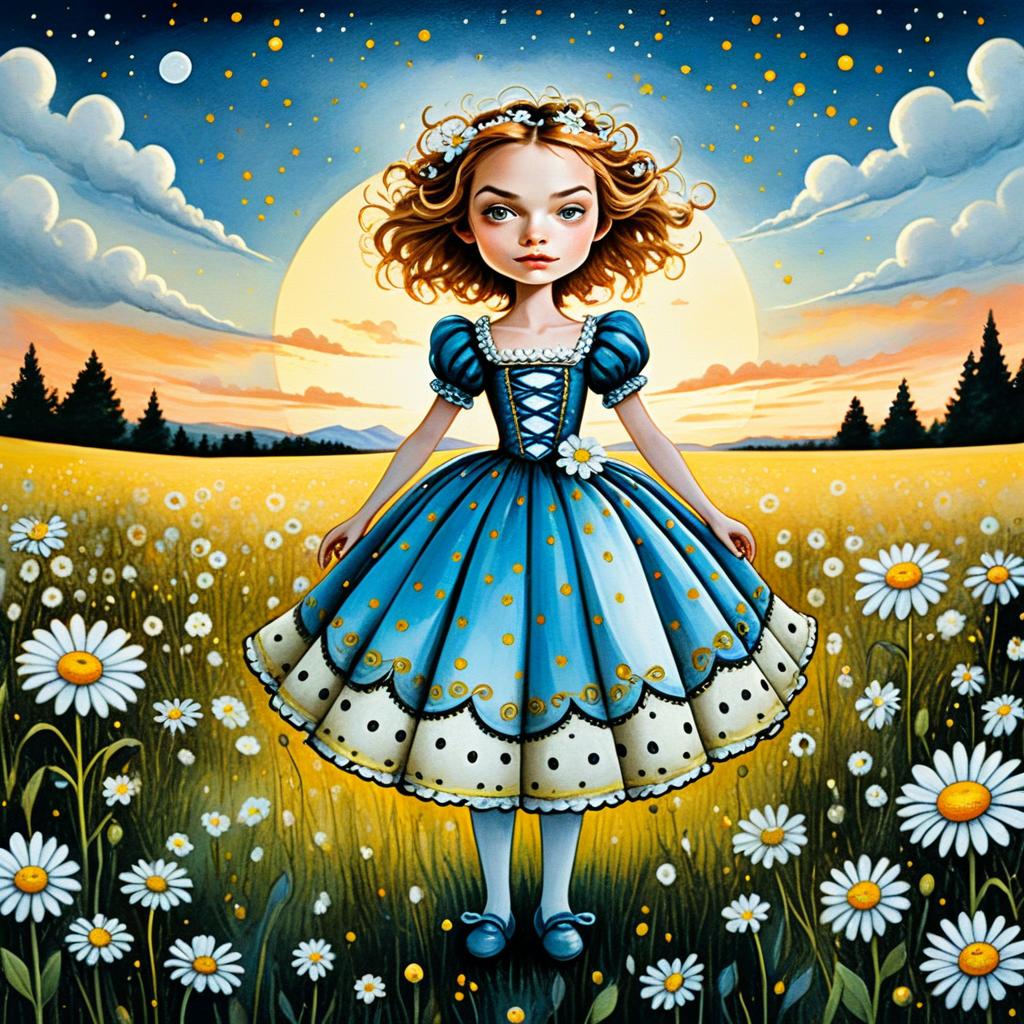 Whimsical Young Woman in Blue Dress Standing in Daisy Field at Sunset