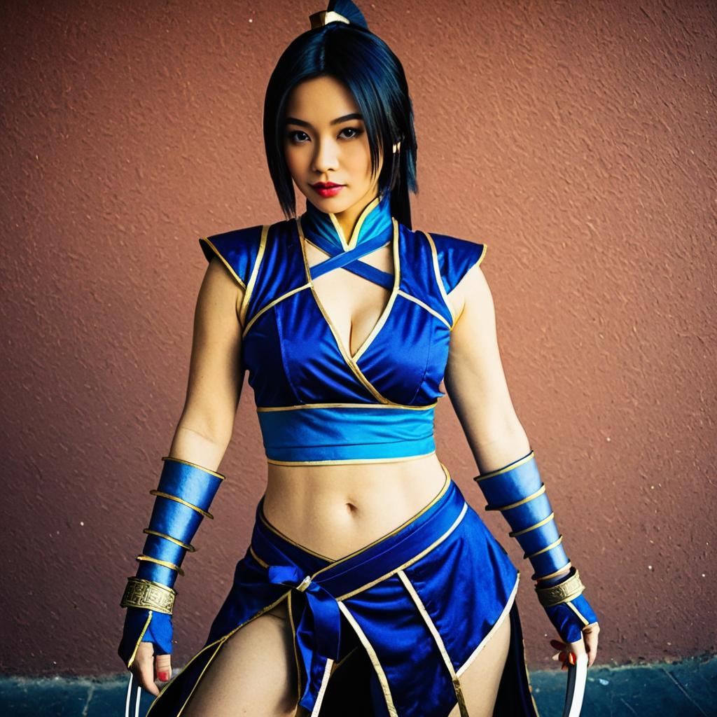 Fantasy Warrior Woman in Blue and Gold Cosplay Outfit