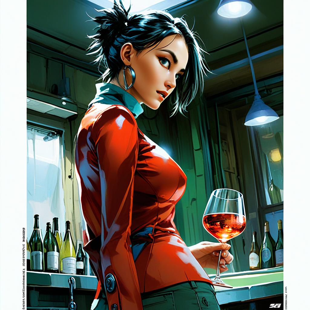 Stylish Woman in Red Jacket Holding Wine Glass at Modern Bar - Digital Art