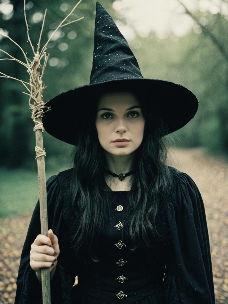 Mystical Woman in Classic Witch Costume Holding Staff in Forest