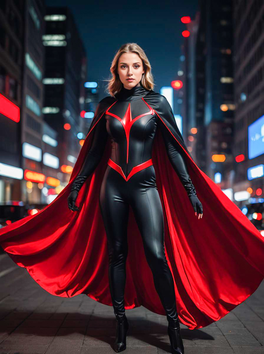 Woman in Black and Red Superhero Costume