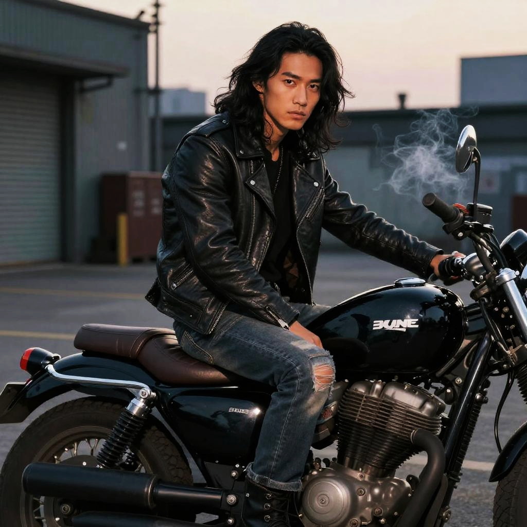 Gen Z Man on Black Bune Motorcycle Wearing Leather Jacket and Ripped Jeans