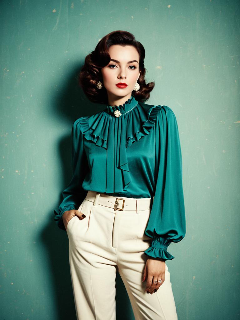 Vintage Style Woman in Emerald Green Ruffled Blouse and Cream Trousers