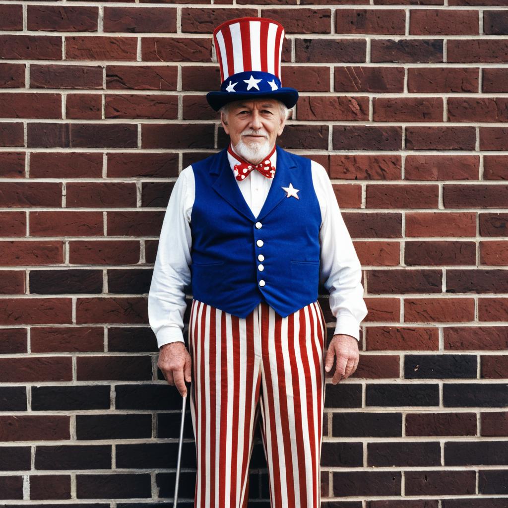 Elderly Man in Patriotic Costume Against Brick Wall
