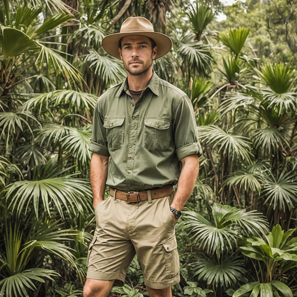 Confident Man in Green Shirt Amidst Lush Greenery