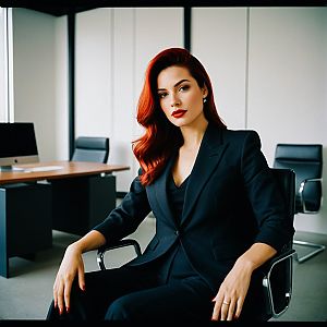 Confident Woman in Dark Suit with Red Hair in Modern Office