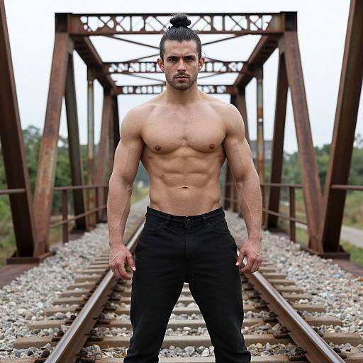 Shirtless Muscular Man Standing on Railway Tracks Under Steel Bridge