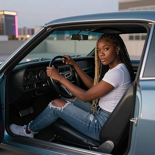 Young Woman in Ripped Jeans Driving Classic Car with Braided Hair