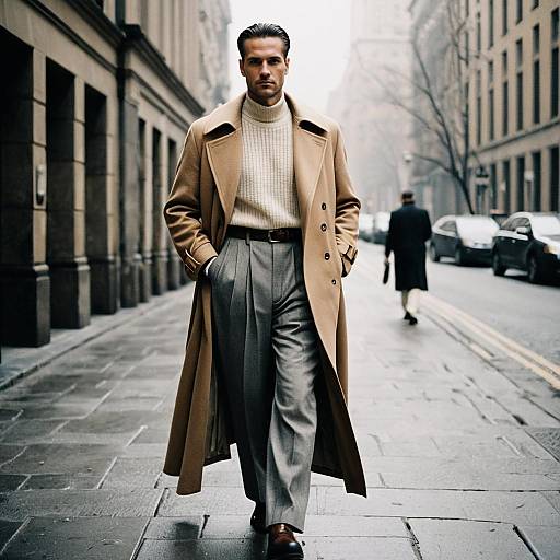 Stylish Man in Camel Overcoat and Gray Trousers Walking in City