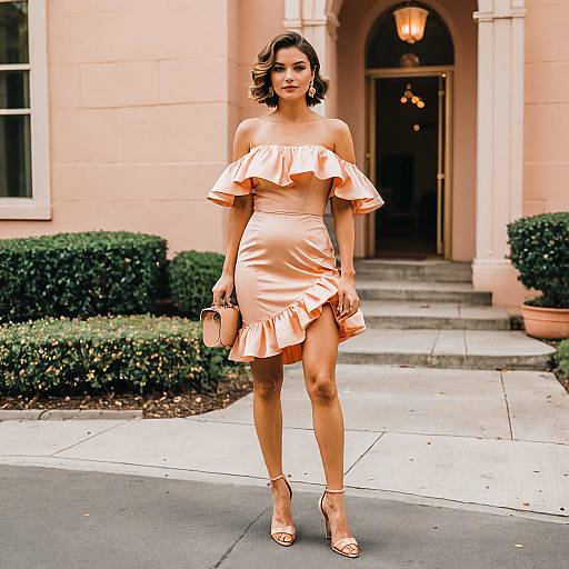 Woman in Peach Ruffle Off-Shoulder Dress with High Heels Outdoors