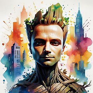 Man with Wooden Face and Foliage in Colorful Cityscape