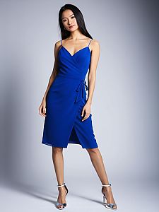 Elegant Royal Blue Wrap Dress on Woman with Silver Heels in Studio