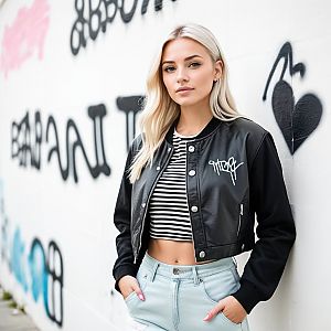 Stylish Young Woman in Urban Fashion Against Graffiti Wall