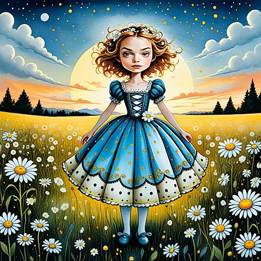 Whimsical Young Woman in Blue Dress Standing in Daisy Field at Sunset