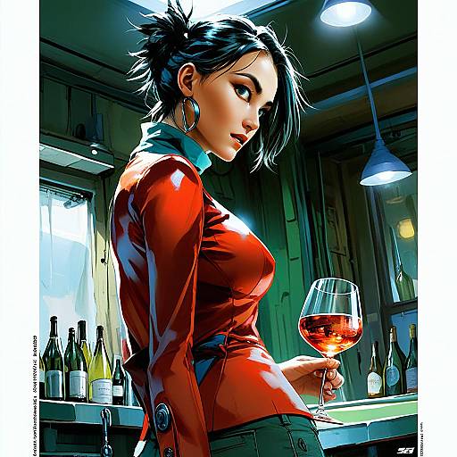 Stylish Woman in Red Jacket Holding Wine Glass at Modern Bar - Digital Art