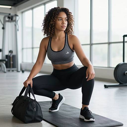 Fit Woman Squatting with Gym Bag in Modern Fitness Center