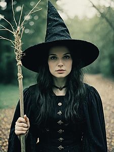 Mystical Woman in Classic Witch Costume Holding Staff in Forest