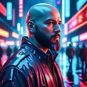 Man in Cyberpunk Urban Rain