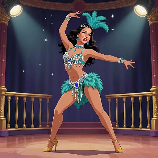 Showgirl Dance Performance in Blue Feathered Costume Illustration