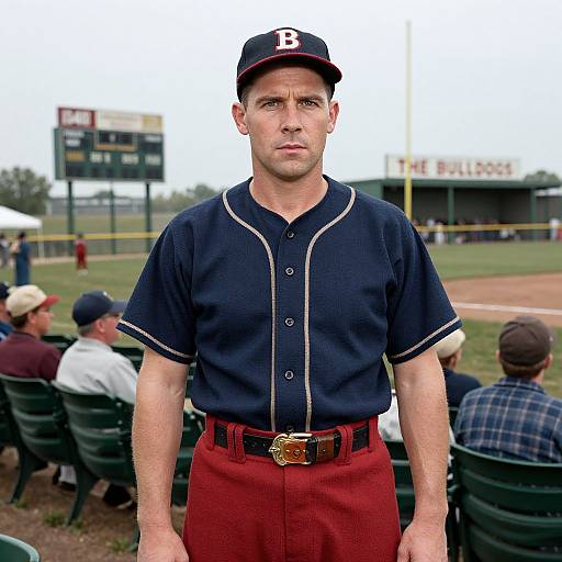 Vintage Baseball Player in Navy and Red Uniform on Baseball Field